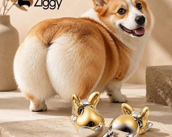 以下が含まれることがあります： 白とオレンジ色の毛並みのコーギー犬が、金と銀のコーギー型フィギュア2体のそばに立っています。「Ziggy」の文字が黒で印刷され、その上にコーギーのシルエットがあります。