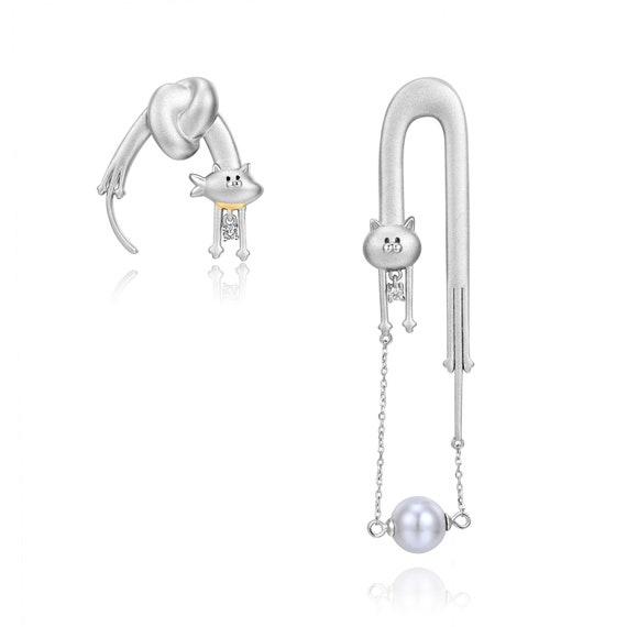 Orecchini Pendenti A Forma Di Gatto In Argento Sterling 925 - Regalo Per Donne E Ragazze, Con Catena