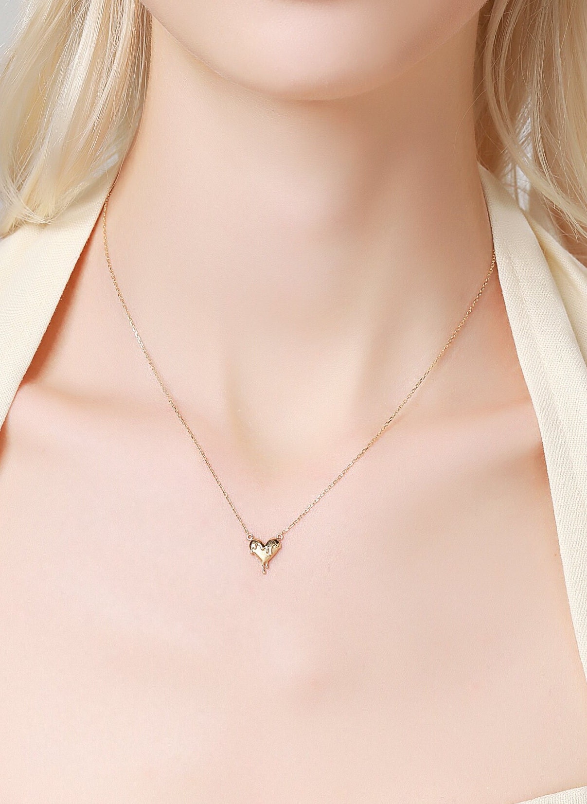 18K Solid Gold Melting Heart Necklace, Small Heart Necklace