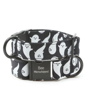 Boo ghost halloween dog collar, martingale with buckle, custom personalized engraved dog collar with name,cartoon black and white dog collar