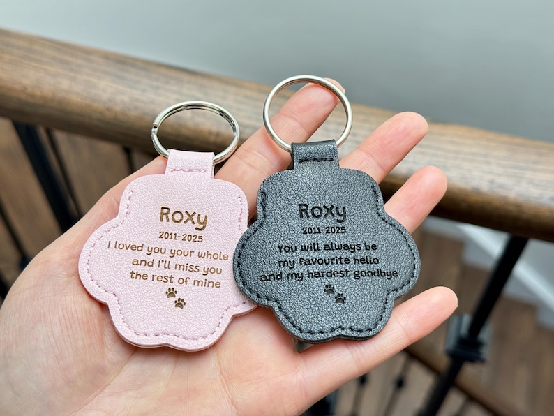 May include: Two paw-shaped keychains, one pink and one gray, held in a hand. Each keychain has a silver ring and is engraved with the name "Roxy" and dates, along with a heartfelt message and paw prints.