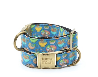 Ramen Bowl Dog Collar: Japanese Miso Noodle, Adjustable or Martingale with buckle. Engraved with Dog Name