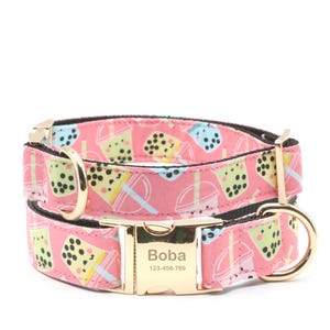 Boba milk tea dog collar, dog leash, pink, martingale with buckle, personalized engraved metal buckle dog collar, cute dog puppy gift.