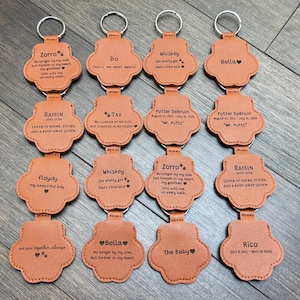 May include: A collection of personalized paw-shaped keychains in a light brown color. Each keychain has a silver keyring and features engraved text with names and dates. The keychains are arranged on a wooden surface.