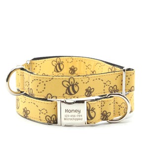 Bee Happy Dog Collar:Flat or Martingale with buckle, Yellow Cotton Fabric