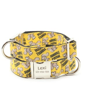 Squirrel patrol dog collar, lemon yellow, martingale with buckle, custom engraved dog collar with name, personalized dog puppy gift