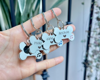 Bone shape dog ID tag with heart, silver with colored paw print, engraved dog name address microchipped,custom personalized dog collar charm