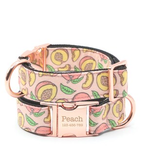 Peaches Dog Collar: Pink & Yellow Fruit, Flat or Martingale with buckle, Personalized Engraved