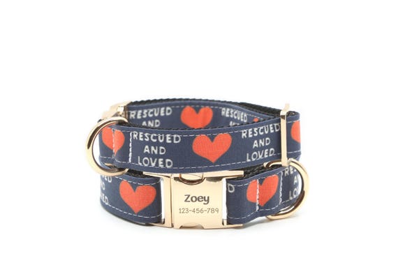 Rescued and Loved Dog Collar, Rescue Dog Adoption Gift, Dark Navy