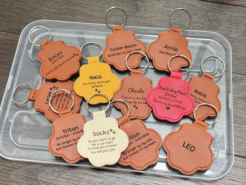 May include: A collection of personalized paw-shaped keychains in various colors, including brown, yellow, and red. Each keychain features a name and dates, with phrases like "Forever in our hearts" and "Until we meet again."