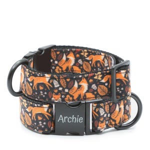Autumn fox & leaves dog collar, hazelnut ginkgo leaf red fox black collar with name, martingale, engraved personalized dog puppy gift collar