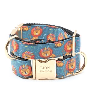 Lion dog collar, cute roaring lions on dark blue, martingale with buckle, engraved metal buckle with name, dog puppy gift, 1" or 1.5" wide.