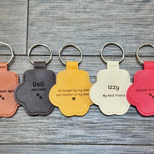 May include: Five paw-shaped keychains in shades of orange, gray, yellow, cream, and red. Each keychain has a silver ring and features engraved text, including names and phrases like "Until We Meet Agal" and "Forever in my heart."