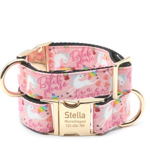 B*tch Please, I'm a Tiny Unicorn dog collar, pink dog collar with name, martingale with buckle, engraved personalized dog puppy gift.