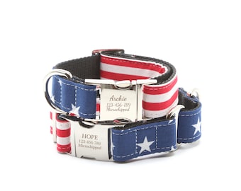 Collar para perro con la bandera estadounidense: Patriótico de EE. UU. para el 4 de julio, ajustable o tipo martingale con hebilla, regalo personalizado para perros.