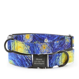 The Starry Night dog collar, blue sky with moons, martingale, artistic oil painting,puppy dog gift,engraved personalized with dog ID address