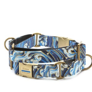 Waves Dog Collar, blue Japanese style dog collar, martingale with buckle, engraved personalized handmade dog collar with name, dog gift