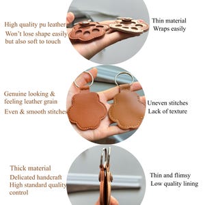 May include: A comparison image of paw-shaped keychains. The "Ours" keychain is made of high-quality pu leather, with even stitches and a thick material. The "Other's" keychain is made of thin material with uneven stitches.
