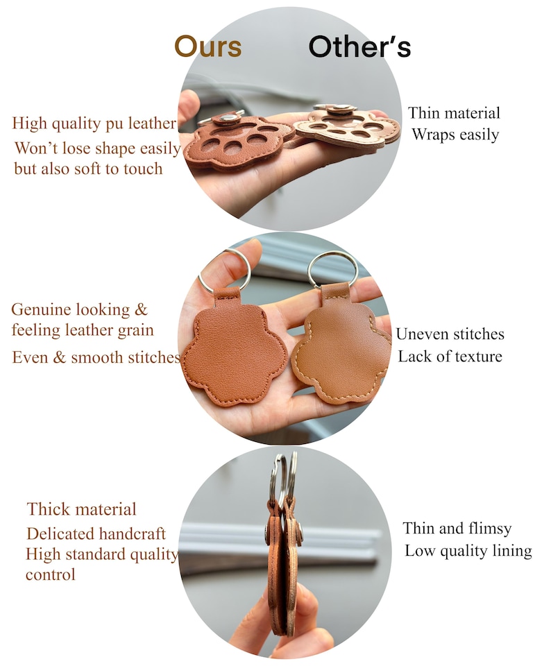 May include: A comparison image of paw-shaped keychains. The "Ours" keychain is made of high-quality pu leather, with even stitches and a thick material. The "Other's" keychain is made of thin material with uneven stitches.