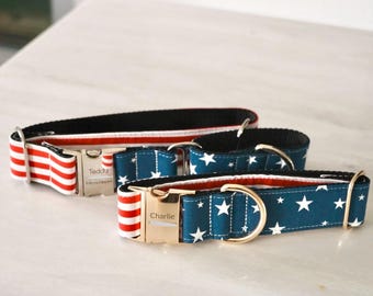 American Flag Dog Collar: USA Patriotic 4th Of July, Adjustable or Martingale with Buckle, Personalized dog gift