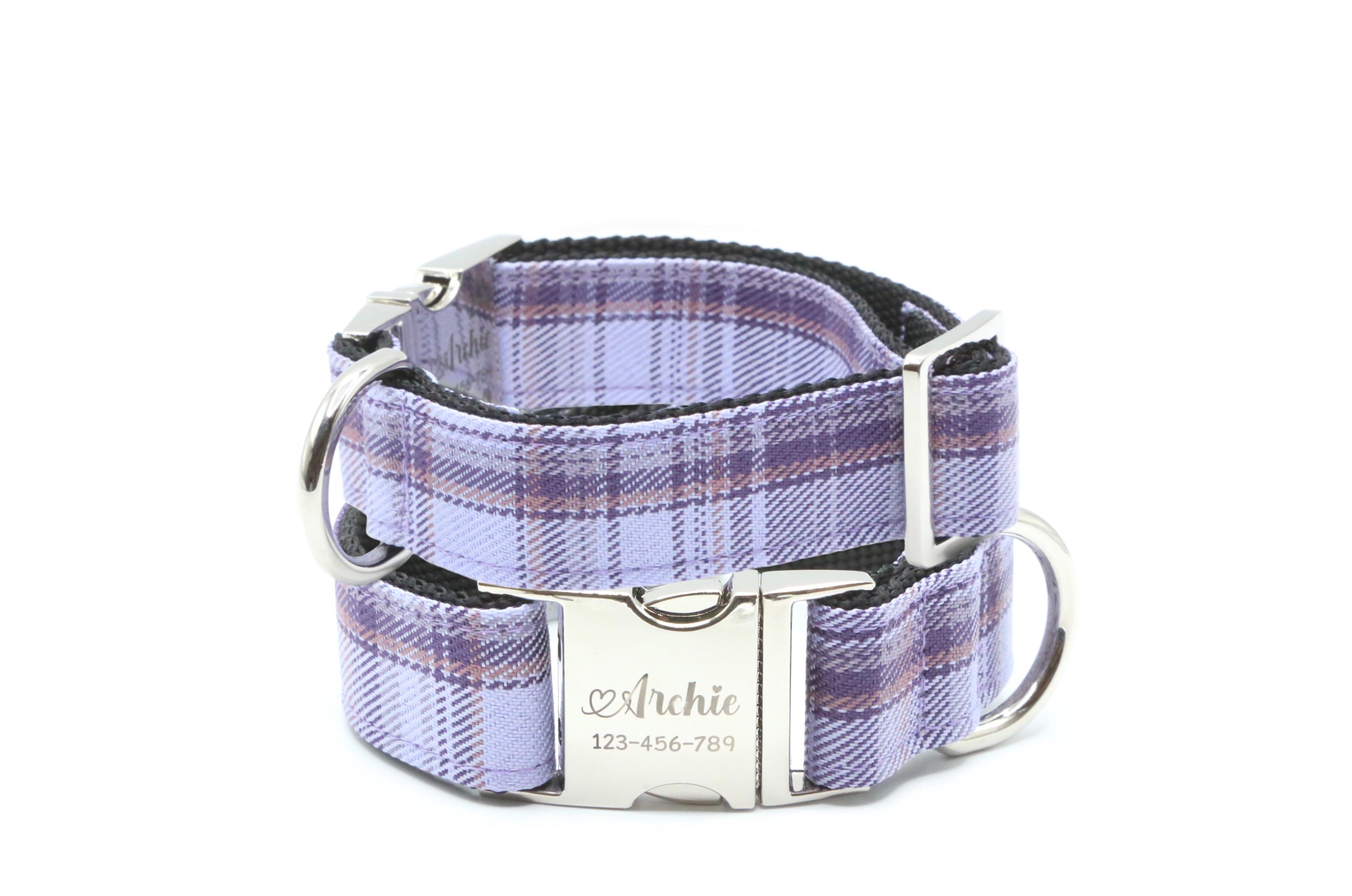 Purple plaid dog collar, vintage check dog collar with name, martingale with buckle, engraved metal custom personalized dog puppy gift