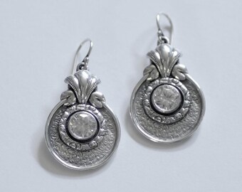 White Zircon Sterling Silver Earrings, Art Deco Mediterranean Style