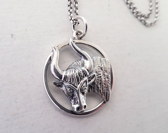 Taurus Necklace, Zodiac Necklace, Horoscope Necklace, Zodiac Jewelry, Taurus Medallion Necklace, Bull Necklace, Sterling Silver .925