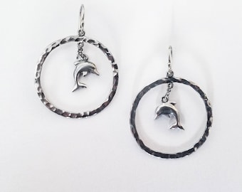 Hammered Sterling Silver Dolphin Hoop Earrings, Handmade Jewelry