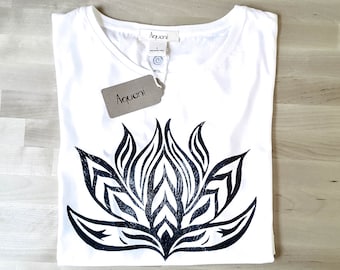 Organic Cotton Lotus Flower T-Shirt, High-Low Hem, Block Print