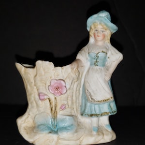 Antique German Small Bisque Figural Girl Flower Matchstick Toothpick Holder or Spill Vase