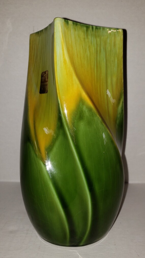 Vintage Haeger Pottery Geometric Green Yellow Ceramic Vase Etsy