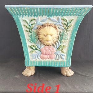 Vintage 3D Lion Head Floral Basket Footed Ceramic Large Planter