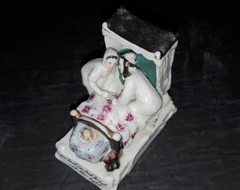 Victorian 19th C German Conta Boehme Fairing Man Woman Climbing in Bed Porcelain Figurine