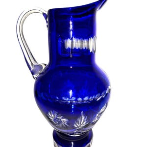 Vintage Bohemian Czech Cobalt Blue Cut to Clear Crystal Handle Pitcher