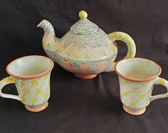 Retired HTF Vintage Mackenzie-Childs Rose Cottage Teapot w/ 2 Coffee Cups