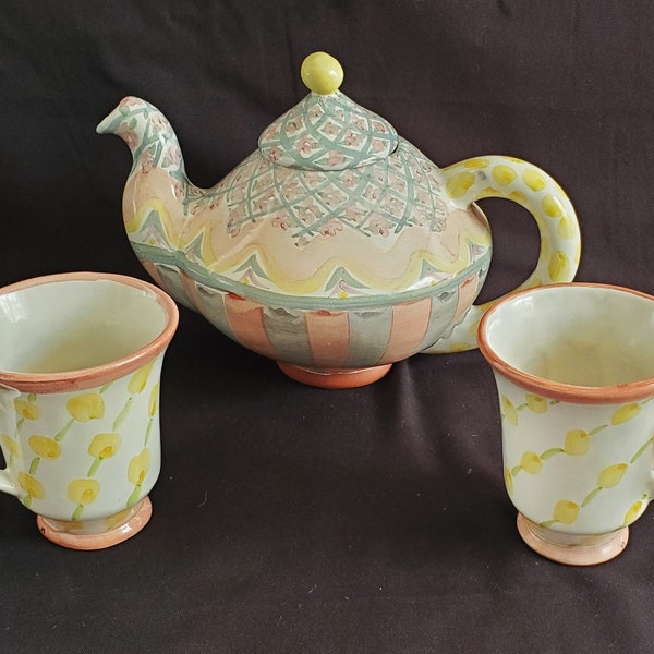 Retired HTF Vintage Mackenzie-Childs Rose Cottage Teapot w/ 2 Coffee Cups