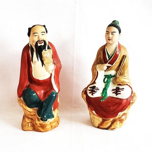 Vintage Chinese Asian Wise Old Man & Old Woman Ceramic Porcelain Figurines
