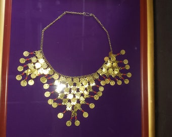 Vintage Egyptian Revival Cleopatra Pharaoh Coin Large Bib Necklace – Framed in Shadowbox