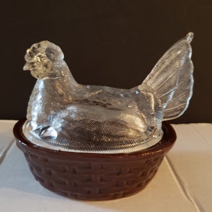 Vintage Clear Glass Split Tail Hen in a Brown Crock Basket Dish
