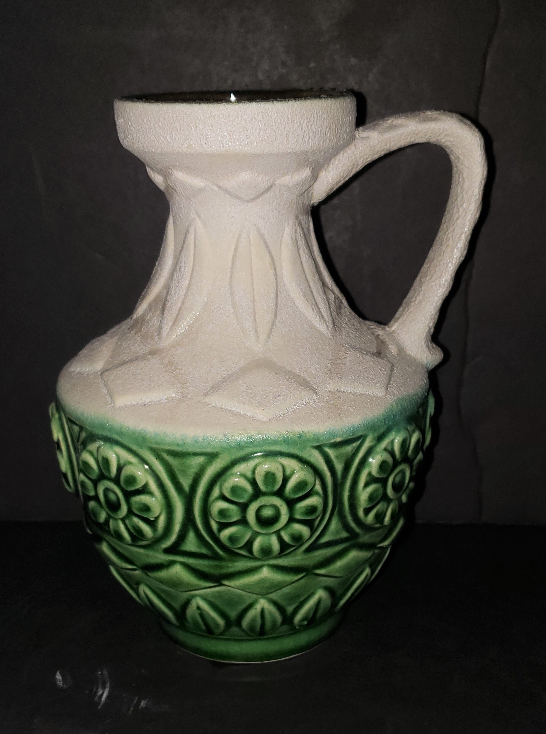 Vintage MCM Bay Keramik # 77 17 Two–tone Geometric Design Handle Vase, W. Germany