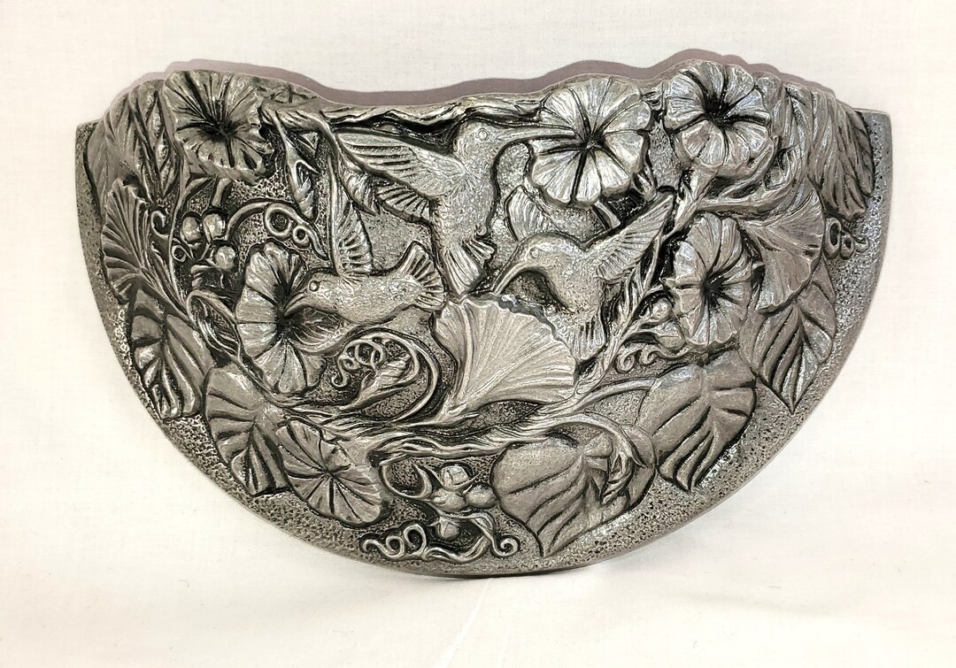 Vintage Metal Wall Planter Embossed Hummingbirds and Morning Glory