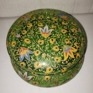 Antique Bohemian Moser Large Green Glass Multi-Colored Enameled Hinged Dresser Powder Jar