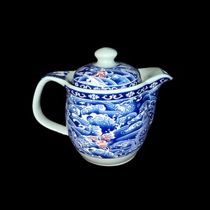 Op de afbeelding: Een blauwe en witte theepot van keramiek met een drakenontwerp. De theepot heeft een deksel en een tuit.
