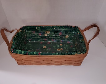 Vintage 1988 Longaberger Basket with Leather Handles, Fabric & Plastic Liner 14 x 10, Signed