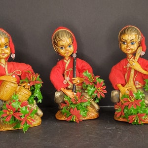 Vintage Hong Kong Set of 3 Musical Christmas Pixies Elves with Instruments Figures