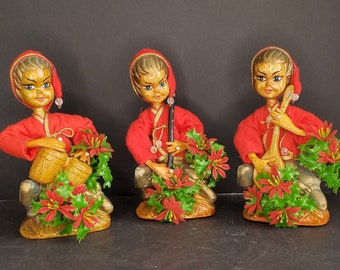 Vintage Hong Kong Set of 3 Musical Christmas Pixies Elves with Instruments Figures