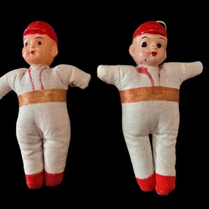 VTG 1950’s Set of 2 Athletic Football/Baseball Celluloid Cloth Ornaments Dolls Toys