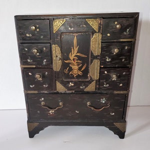Antique Victorian Black Lacquer MOP Inlaid Jewelry Chest Box
