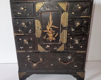 Antique Victorian Black Lacquer MOP Inlaid Jewelry Chest Box