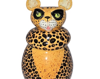 Vintage Handmade Ceramic Cat Leopard Animal Cookie Jar